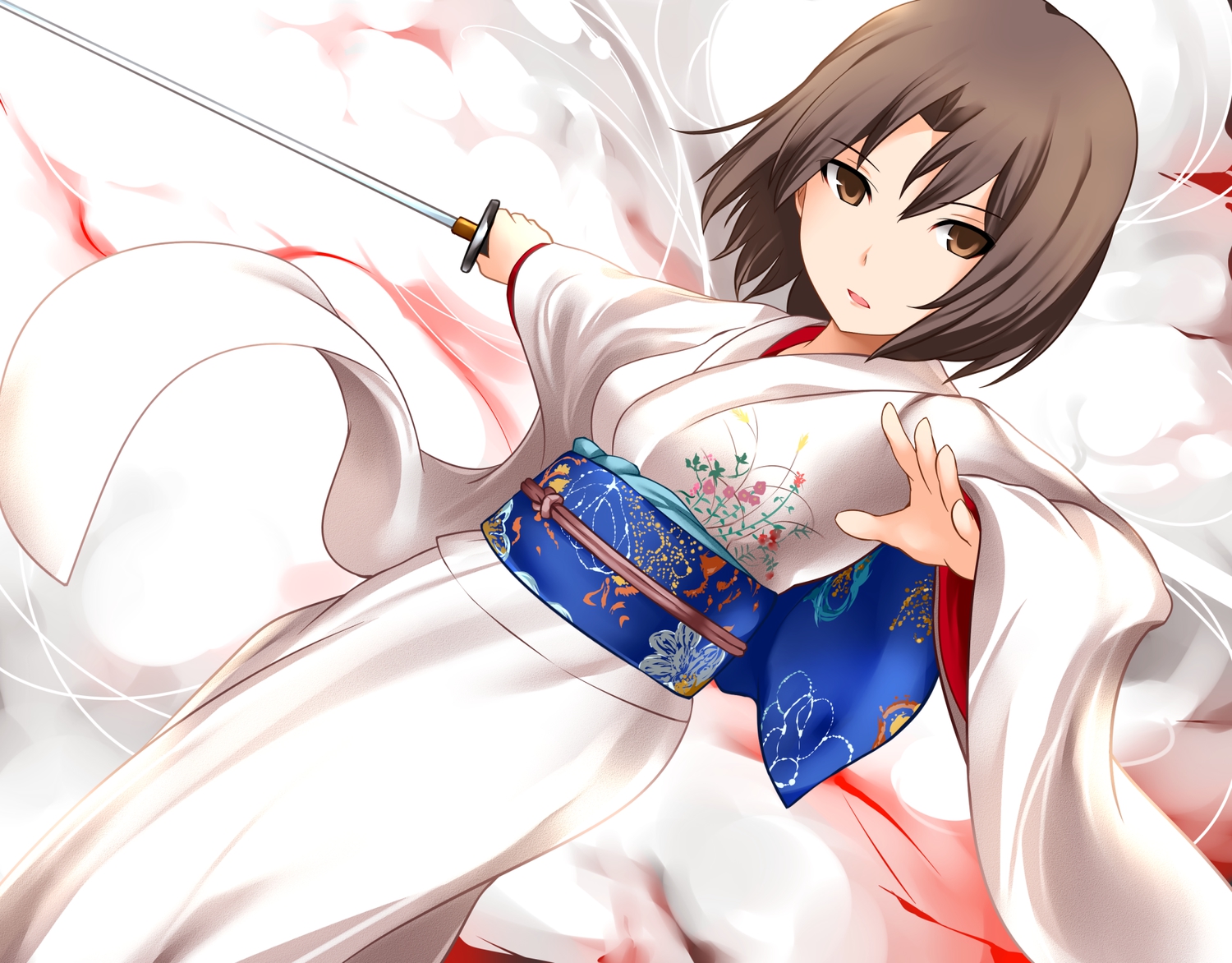 brown_eyes, brown_hair, japanese_clothes, kara_no_kyoukai, kimono, ryougi_shiki, short_hair, sword, weapon, yoshimo