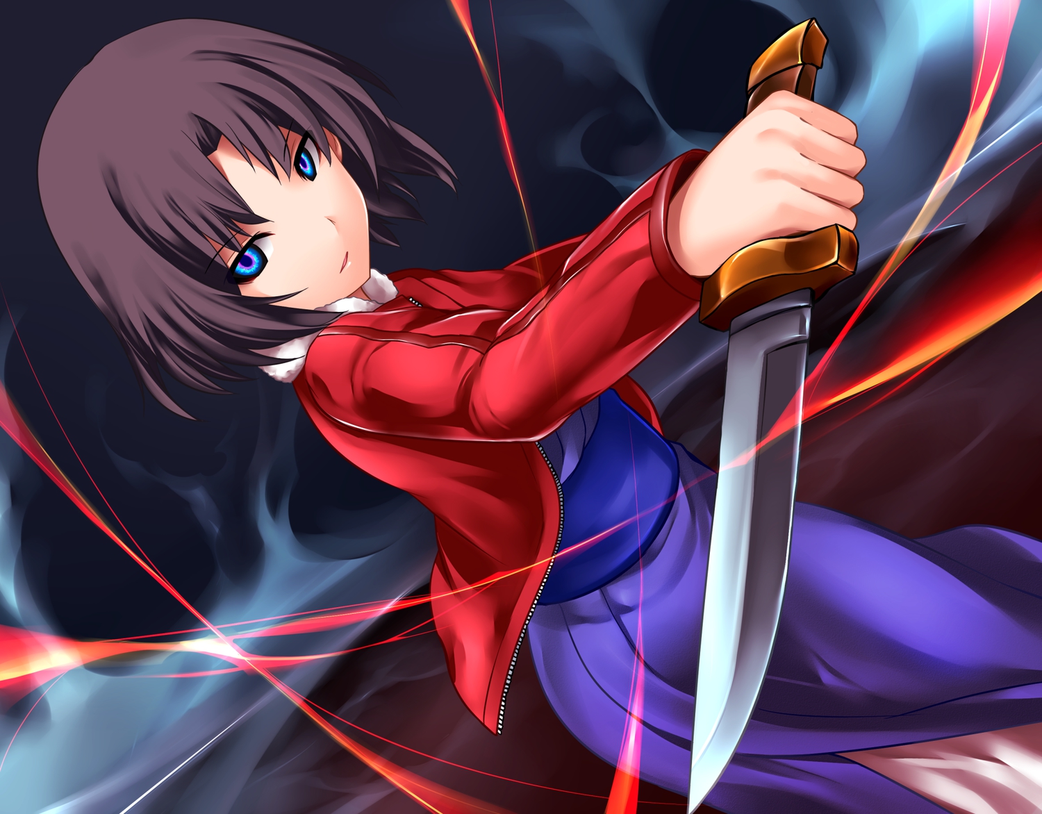 blue_eyes, brown_hair, kara_no_kyoukai, knife, ryougi_shiki, short_hair, weapon, yoshimo