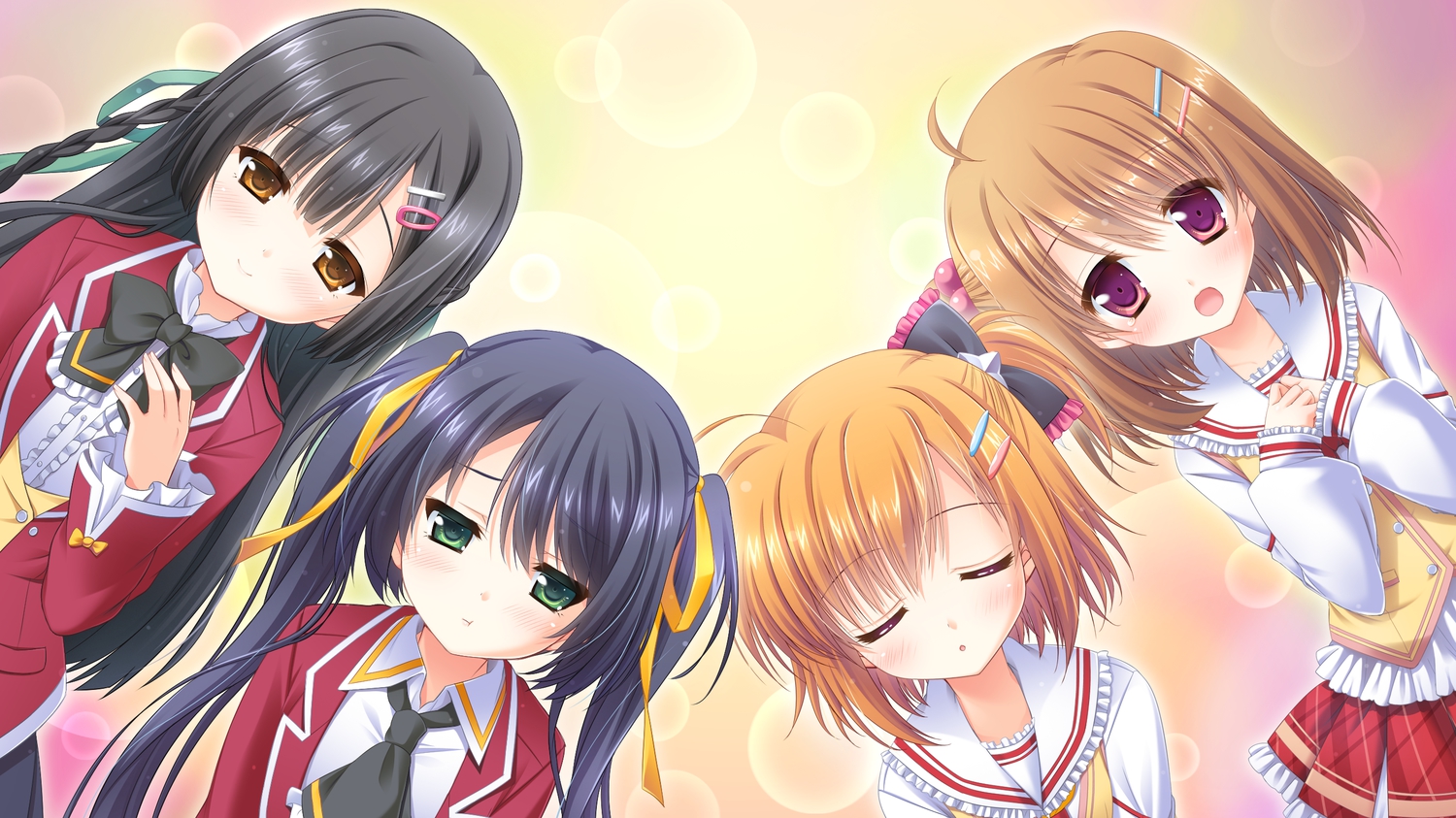 black_hair, blush, bow, braids, brown_hair, game_cg, green_eyes, group, hisama_kumako, kurosu_seseri, loli, long_hair, nadeshiko_futaba, onii-chan_sharing, orange_hair, purple_eyes, ribbons, school_uniform, short_hair, tie, twins, twintails, yellow_eyes, yotsunoha_chiko, yotsunoha_yuu