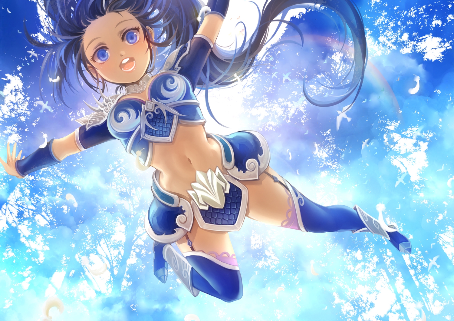 aqua_eyes, armor, blue_hair, boots, forest, huazha01, long_hair, navel