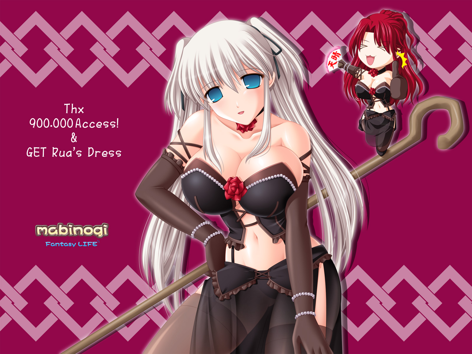 aqua_eyes, breasts, chibi, cleavage, kafu, mabinogi, nao, red_hair, rua, staff, thighhighs