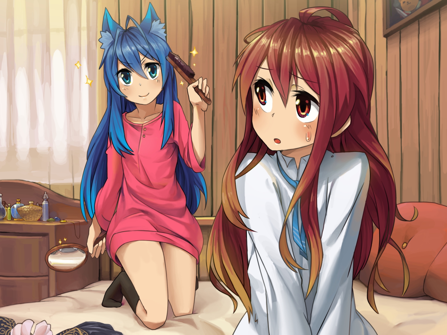 animal_ears, bed, blue_eyes, blue_hair, brown_eyes, brown_hair, catgirl, kneehighs, long_hair, male, original, otoko_no_ko, rai32019, school_uniform