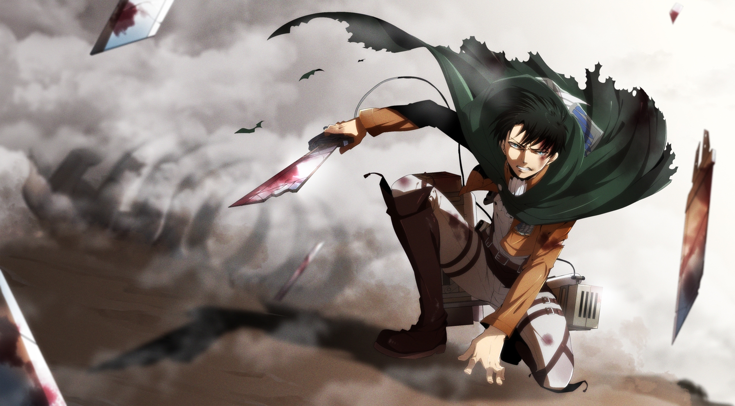 all_male, black_hair, blood, blue_eyes, boots, cape, levi_ackerman, male, miyamayomema, shingeki_no_kyojin, short_hair, sword, torn_clothes, uniform, weapon