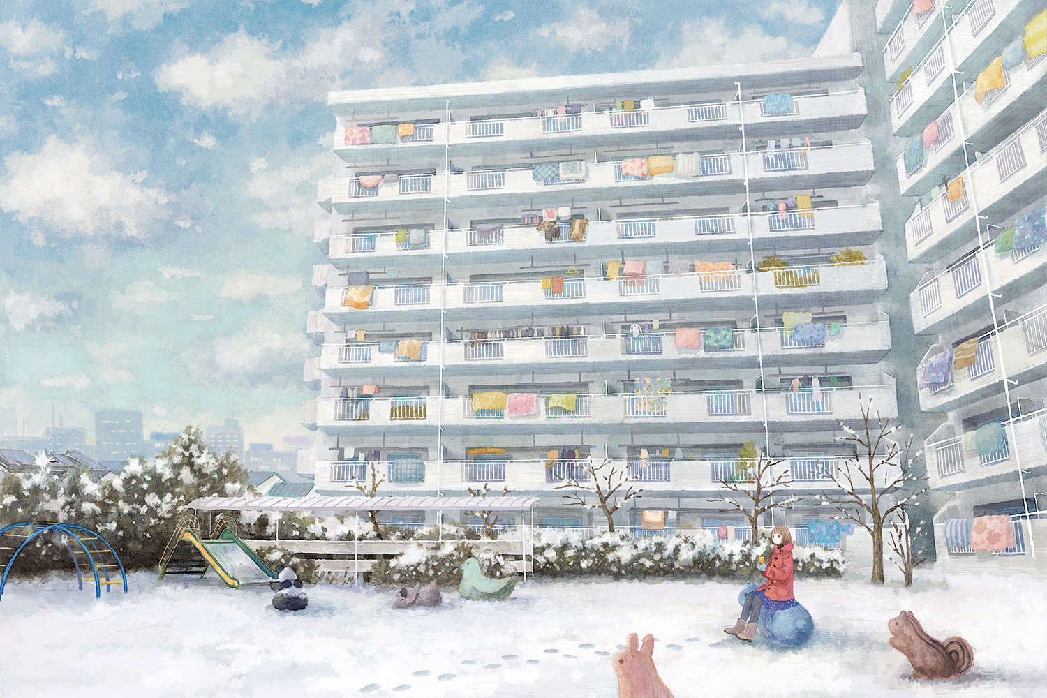 animal, clouds, landscape, rabbit, scenic, sky, snow, tree, yuuko_(nora0x0)