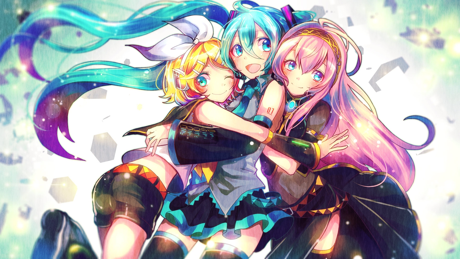 aqua_eyes, aqua_hair, blonde_hair, blush, bow, hatsune_miku, headphones, hug