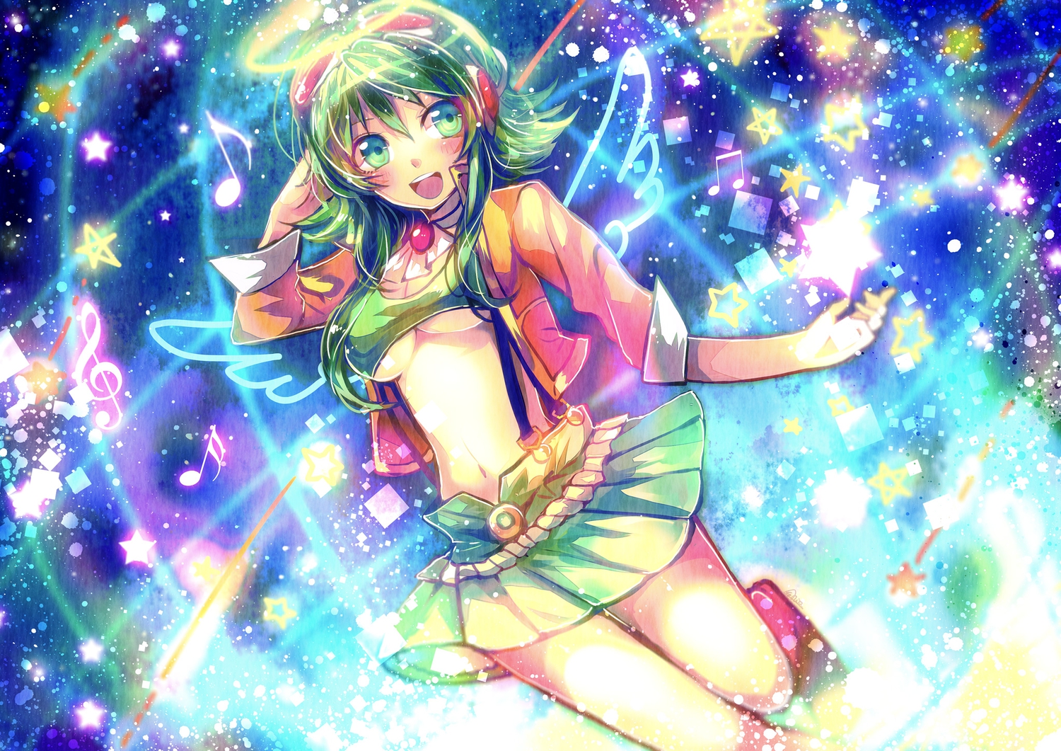 bikini_top, blush, goggles, green_eyes, green_hair, gumi, headphones, navel
