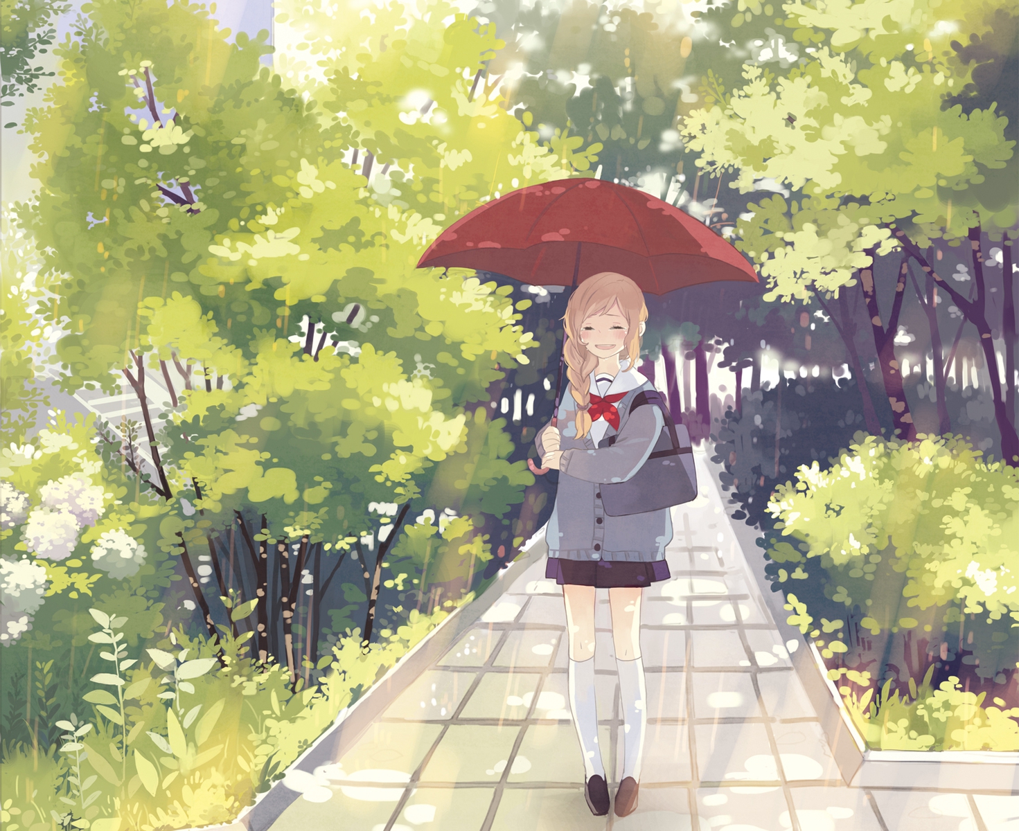 braids, brown_hair, kneehighs, kyang692, original, school_uniform, skirt, tree