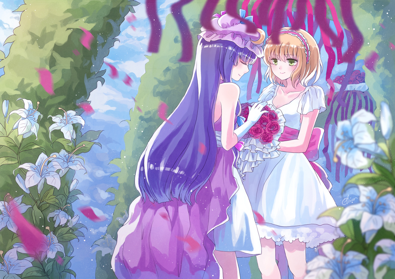 2girls, alice_margatroid, blonde_hair, collar, dress, elbow_gloves, flowers, gloves