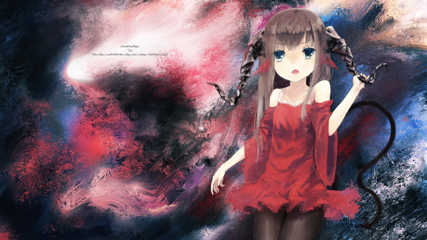 blue_eyes, brown_hair, horns, long_hair, original, pantyhose, tail, yudough