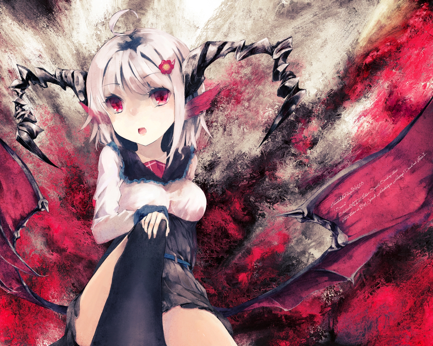 horns, original, red_eyes, short_hair, thighhighs, white_hair, wings, yudough