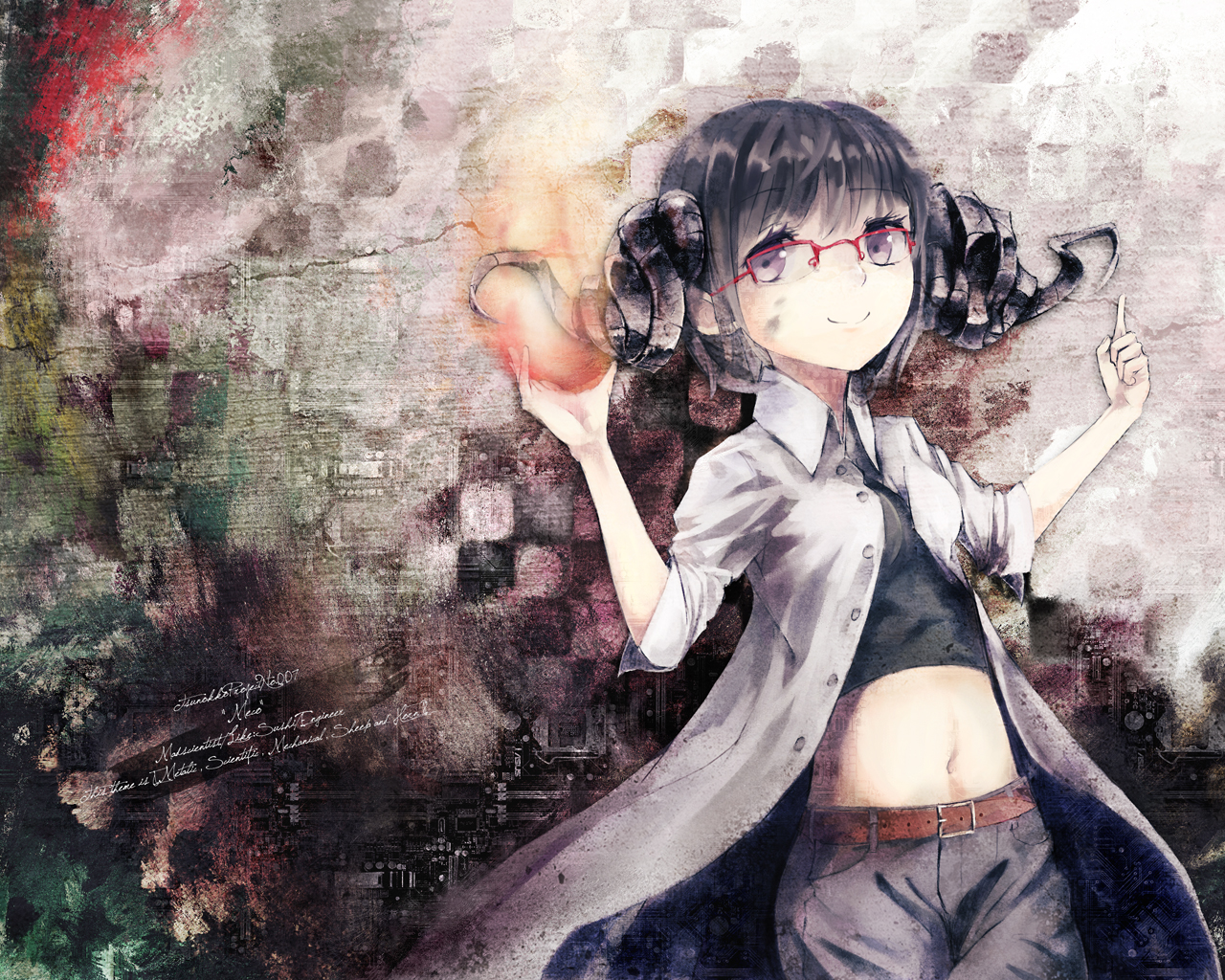 black_hair, fire, glasses, horns, navel, original, purple_eyes, short_hair, yudough