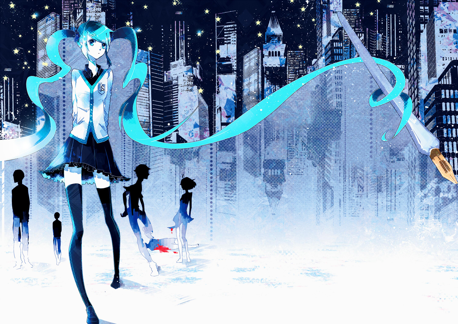 alyssa718, aqua_eyes, aqua_hair, blood, city, hatsune_miku, long_hair, skirt