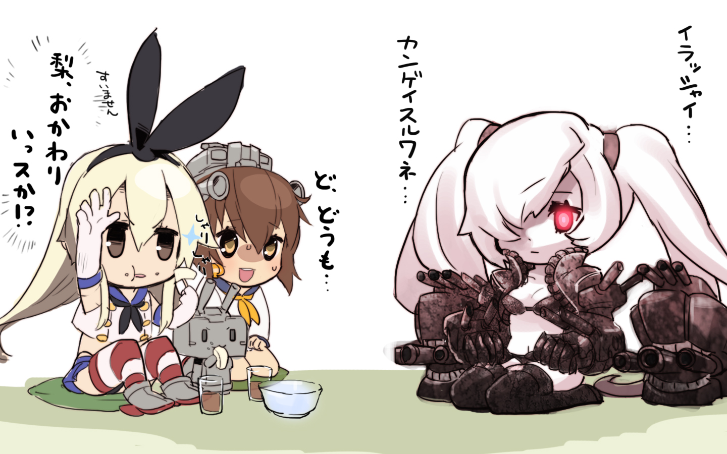 anthropomorphism, bikini, blonde_hair, brown_eyes, brown_hair, chibi, drink, elbow_gloves, food, fruit, gloves, headband, kantai_collection, long_hair, red_eyes, rensouhou-chan, ribbons, shimakaze_(kancolle), short_hair, southern_ocean_oni, swimsuit, thighhighs, tonami_kanji, twintails, white_hair, yellow_eyes, yukikaze_(kancolle)