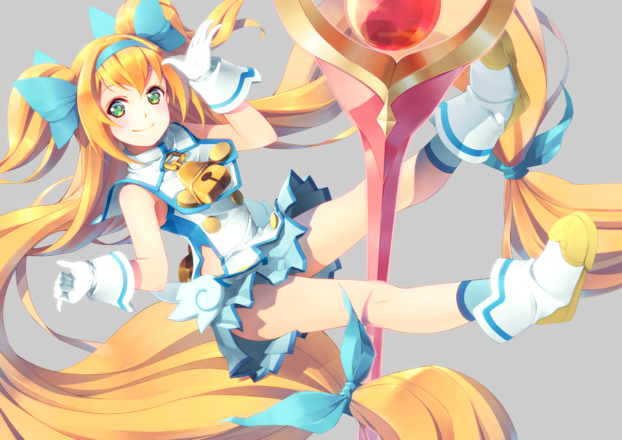 blazblue, blonde_hair, gloves, green_eyes, headband, long_hair, necklace, platinum_the_trinity