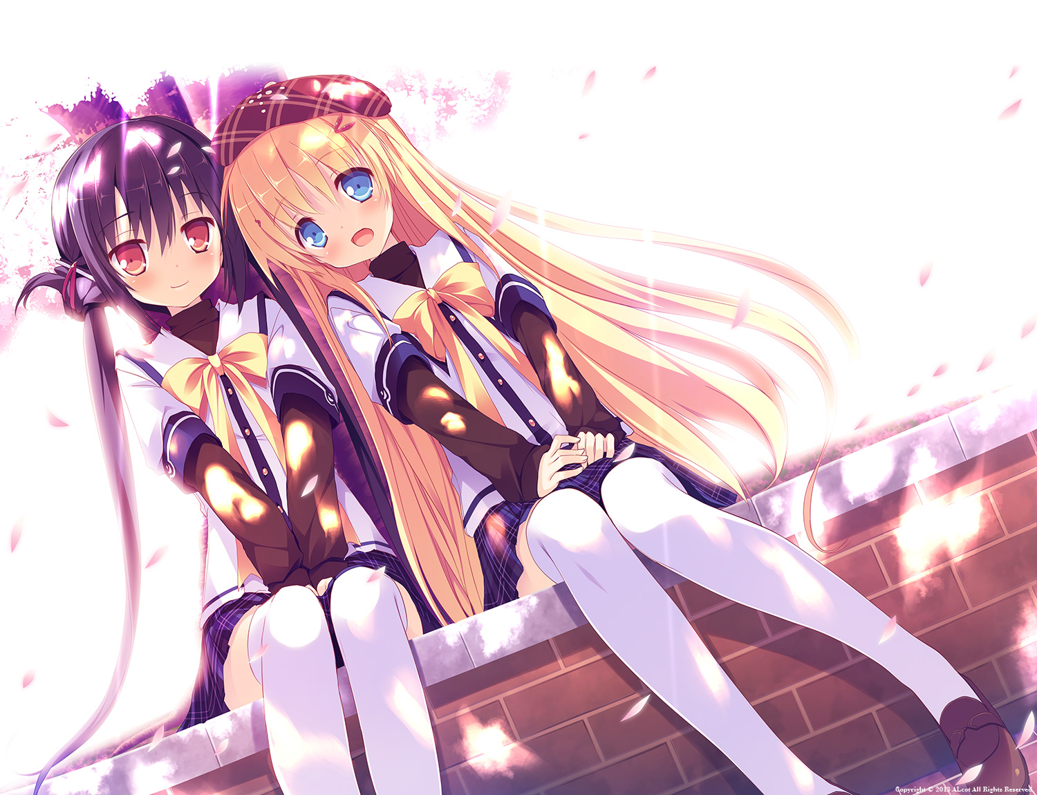 2girls, alcot, black_hair, blonde_hair, clover_day's, long_hair, nimura_yuushi, petals, school_uniform, takakura_anri, takakura_anzu, thighhighs