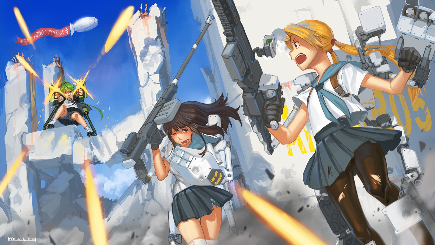 blonde_hair, blue_eyes, brown_hair, green_hair, gun, long_hair, original, pantyhose