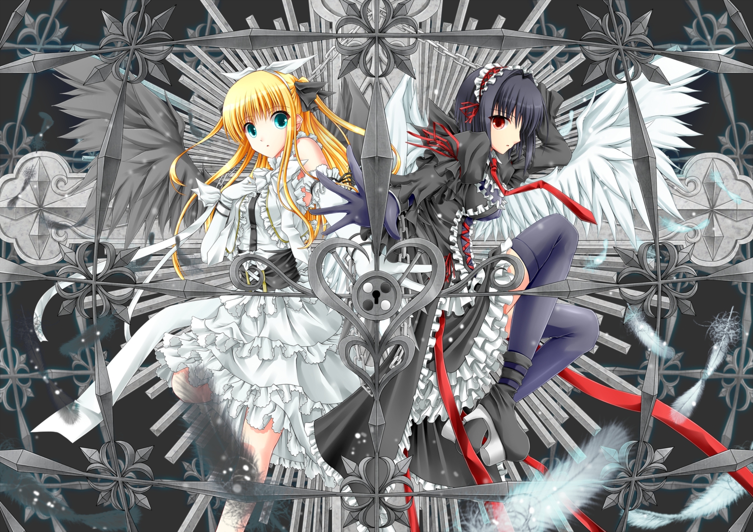 2girls, black_hair, blonde_hair, blue_eyes, dress, elbow_gloves, feathers, gloves