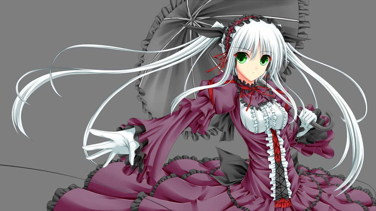 dress, gloves, goth-loli, gray, green_eyes, headdress, lolita_fashion, long_hair