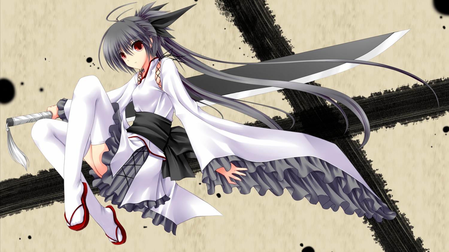 black_hair, japanese_clothes, long_hair, original, ponytail, red_eyes, shouyan, sword, thighhighs, weapon