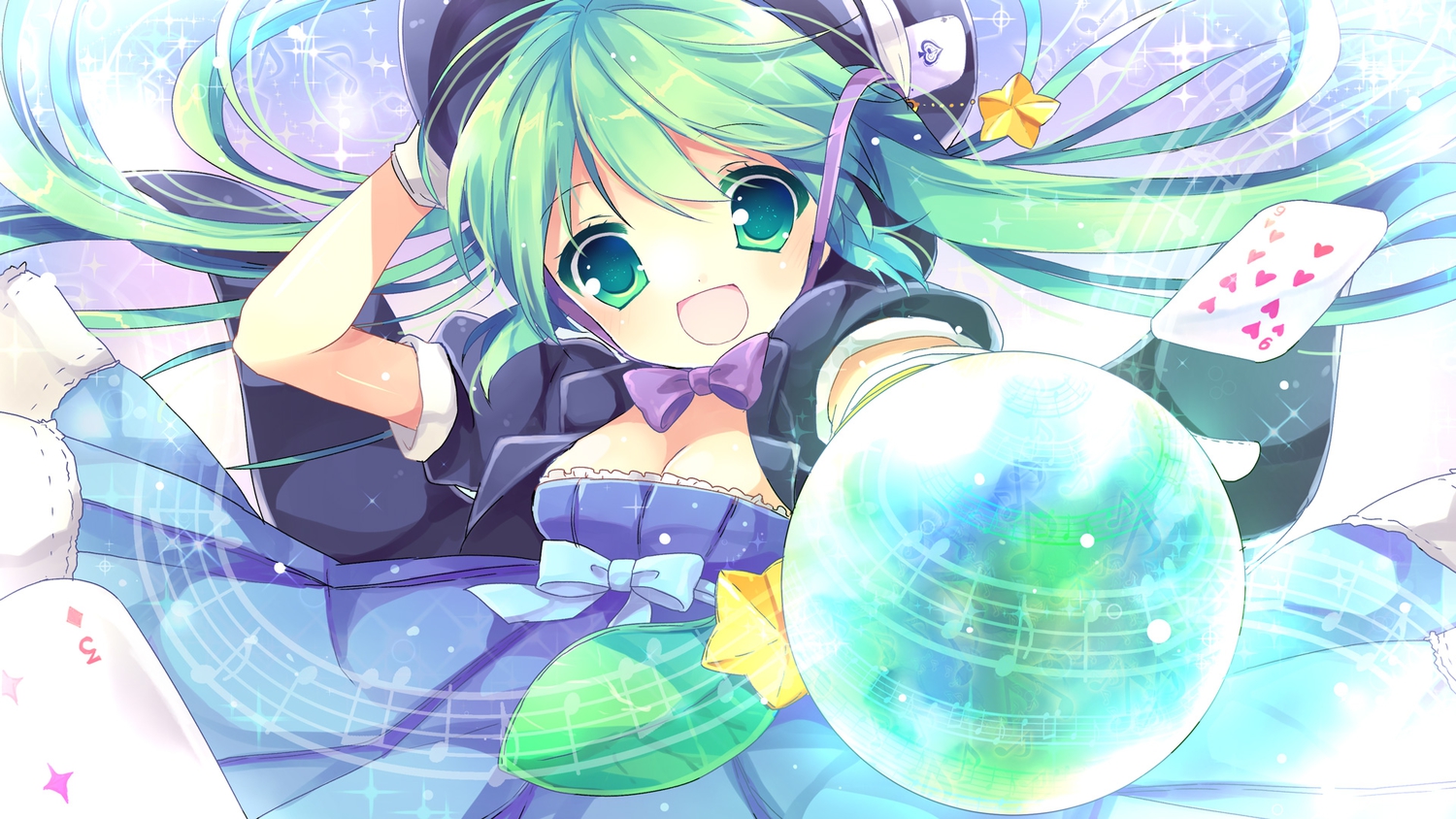 bow, breasts, cleavage, dress, gloves, green_eyes, green_hair, hat, hatsune_miku, kosuzume, long_hair, magical_mirai_(vocaloid), music, ribbons, vocaloid