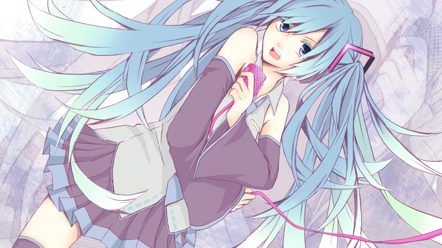 aqua_hair, blue_eyes, hatsune_miku, long_hair, microphone, nanase_eka, skirt, tie, twintails, vocaloid, zoom_layer