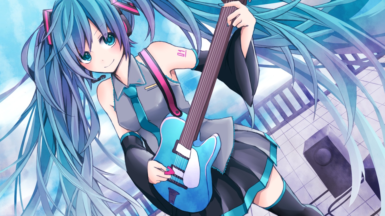 aqua_eyes, aqua_hair, guitar, hatsune_miku, instrument, long_hair, nanase_eka, purple_hair
