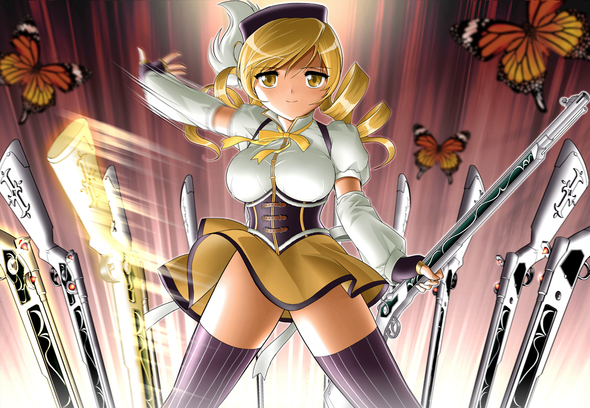 blonde_hair, butterfly, gloves, gun, hat, long_hair, mahou_shoujo_madoka_magica, shingyouji_tatsuya