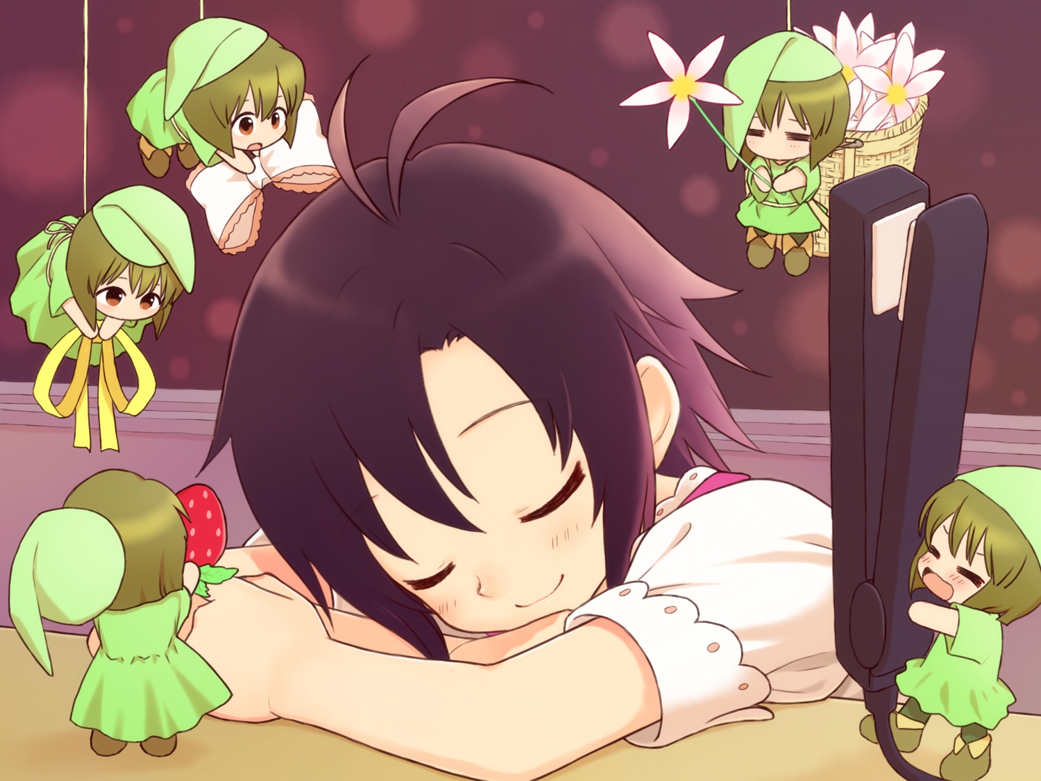 black_hair, bow, brown_eyes, brown_hair, chibi, flowers, food, fruit, hagiwara_yukiho, hat, hiboshi_daizu, idolmaster, kikuchi_makoto, ribbons, short_hair, sleeping, strawberry