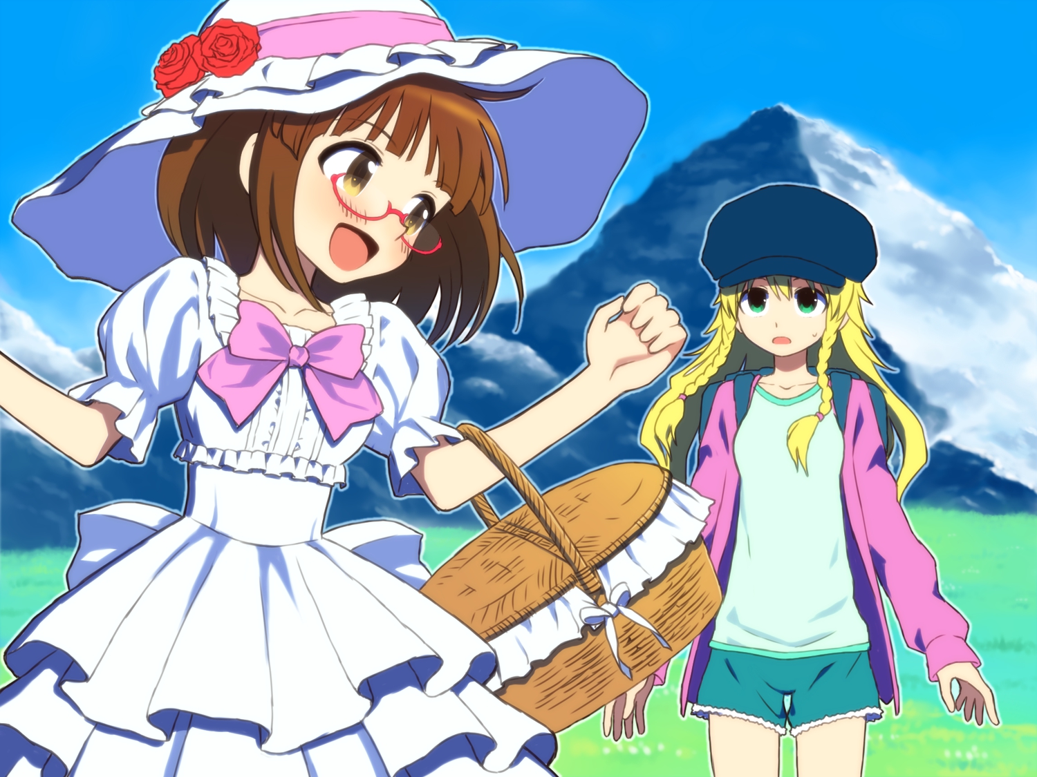 2girls, akizuki_ritsuko, blonde_hair, blush, braids, brown_hair, flowers, glasses, grass, green_eyes, hat, hiboshi_daizu, hoshii_miki, idolmaster, long_hair, rose, short_hair, shorts, yellow_eyes