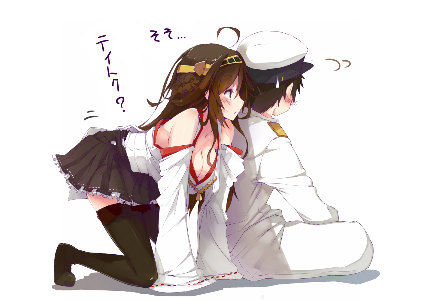 admiral_(kancolle), anthropomorphism, black_hair, blue_eyes, blush, boots, breasts, brown_hair