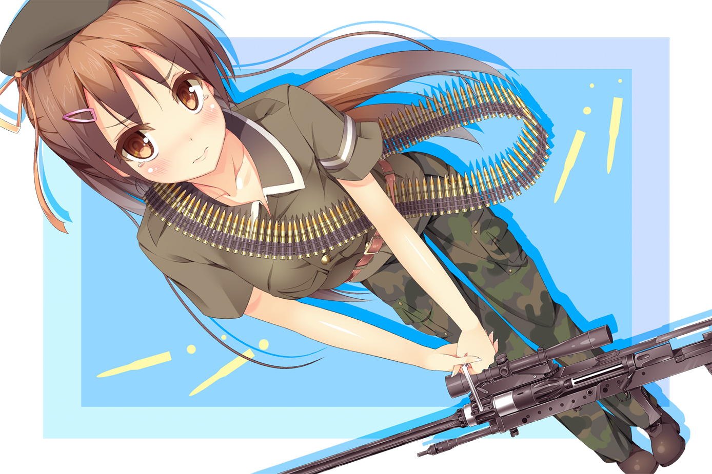 blush, brown_eyes, brown_hair, gun, hat, long_hair, original, raivu, weapon
