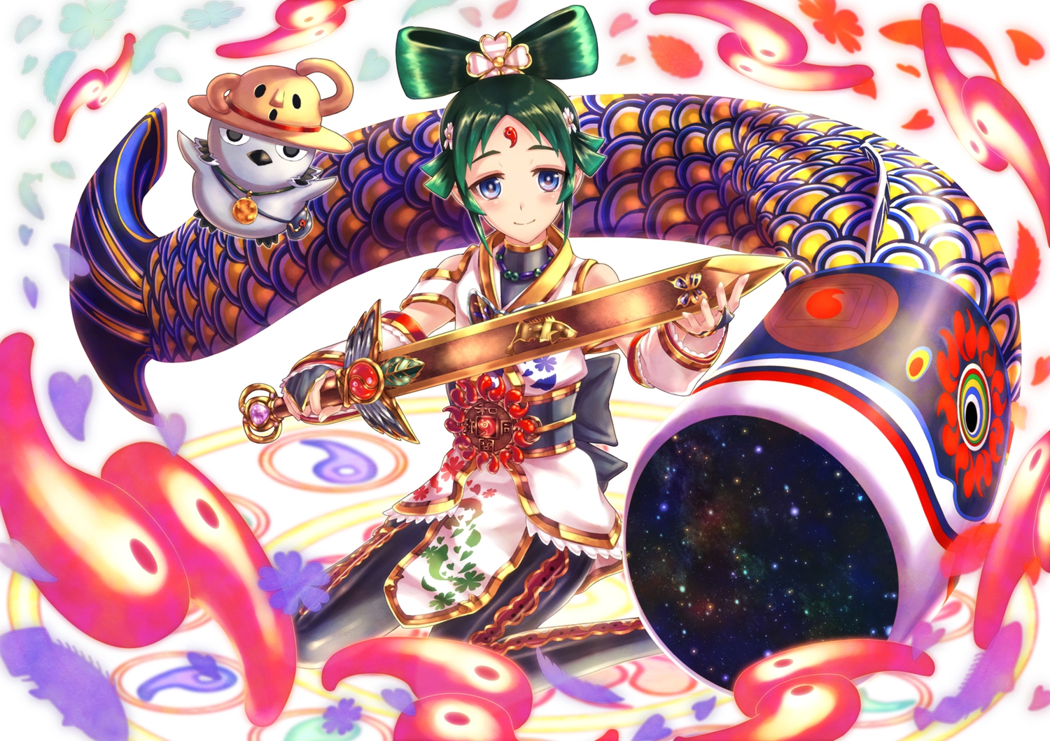 animal, blue_eyes, blush, bow, green_hair, hat, japanese_clothes, necklace