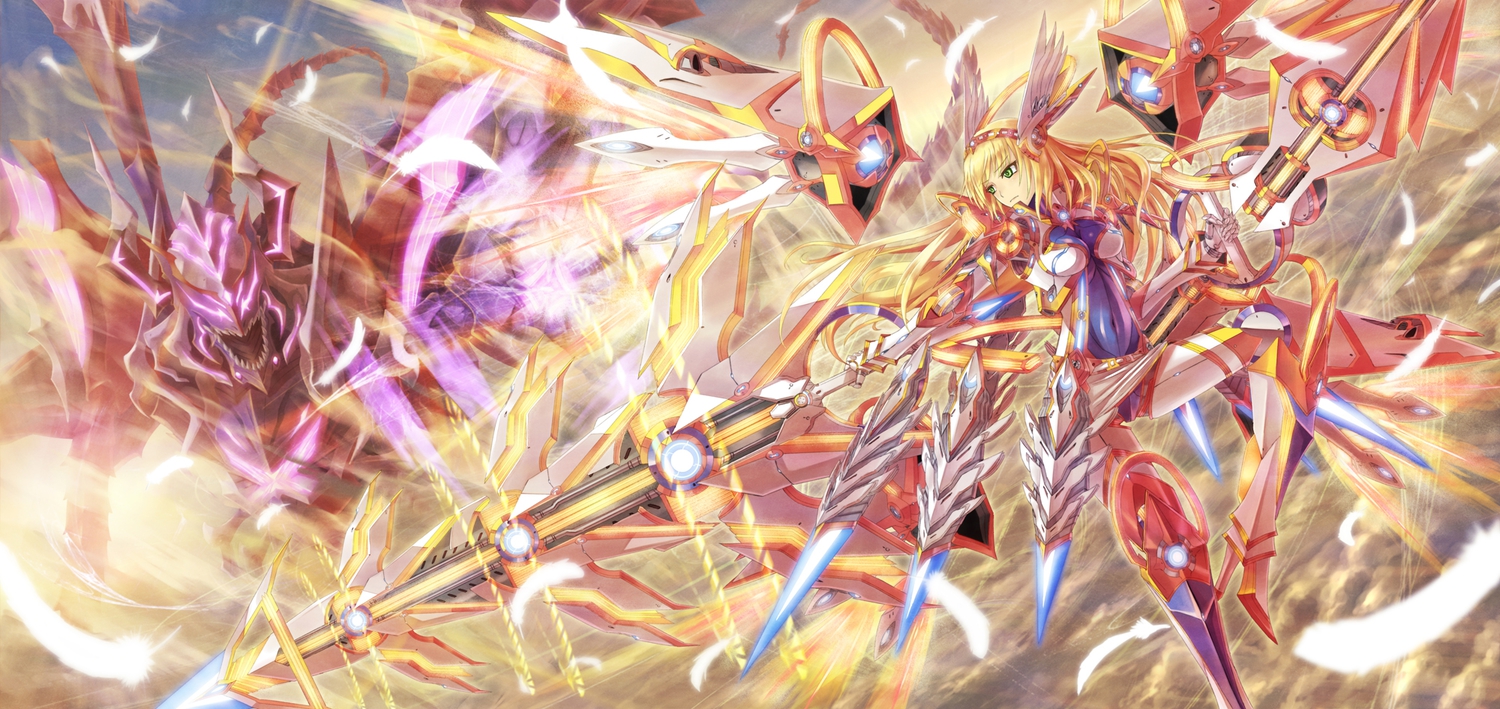 blonde_hair, feathers, green_eyes, headband, long_hair, mechagirl, original, shingo_(picturepuzzle), sword, weapon