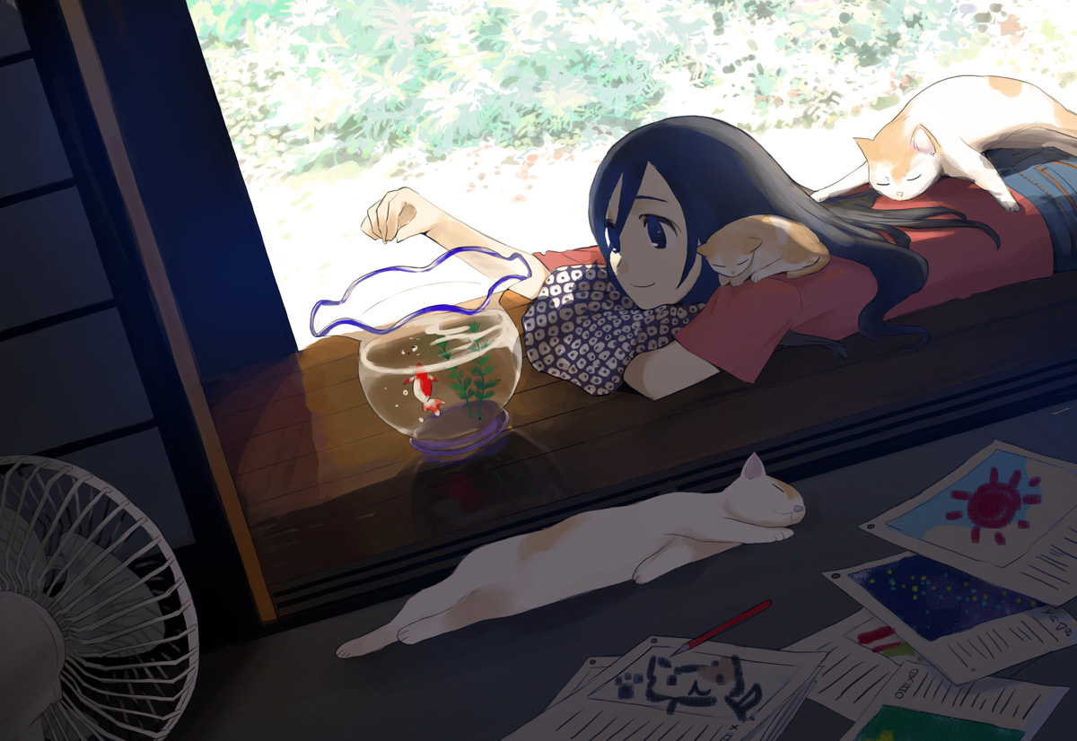 animal, blue_eyes, blue_hair, cat, fan, fish, long_hair, morifumi, original, paper, water