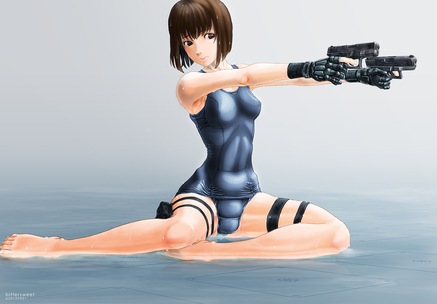 barefoot, bittersweet6968, brown_eyes, brown_hair, gun, original, school_swimsuit, short_hair, swimsuit, water, watermark, weapon, wet