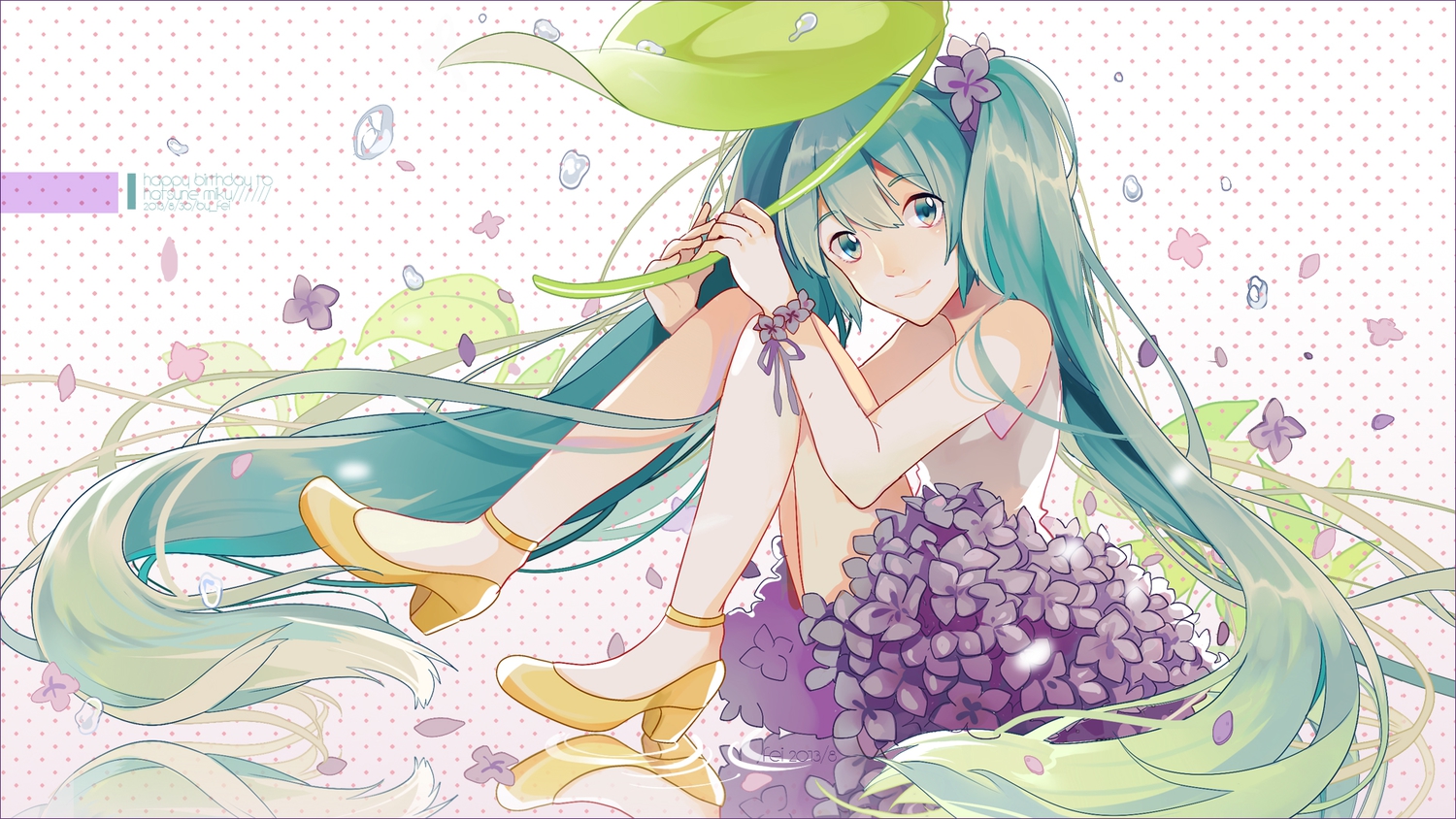 fen_renlei, flowers, green_eyes, green_hair, hatsune_miku, long_hair, petals, twintails, vocaloid, watermark