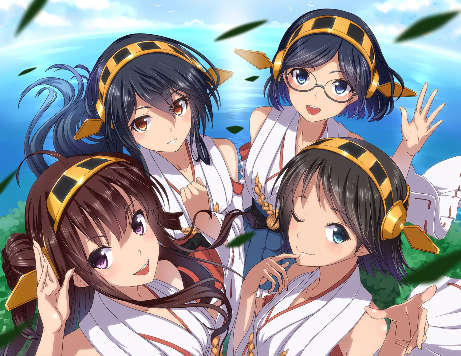 anthropomorphism, black_hair, blue_eyes, brown_hair, glasses, group, haruna_(kancolle), headband