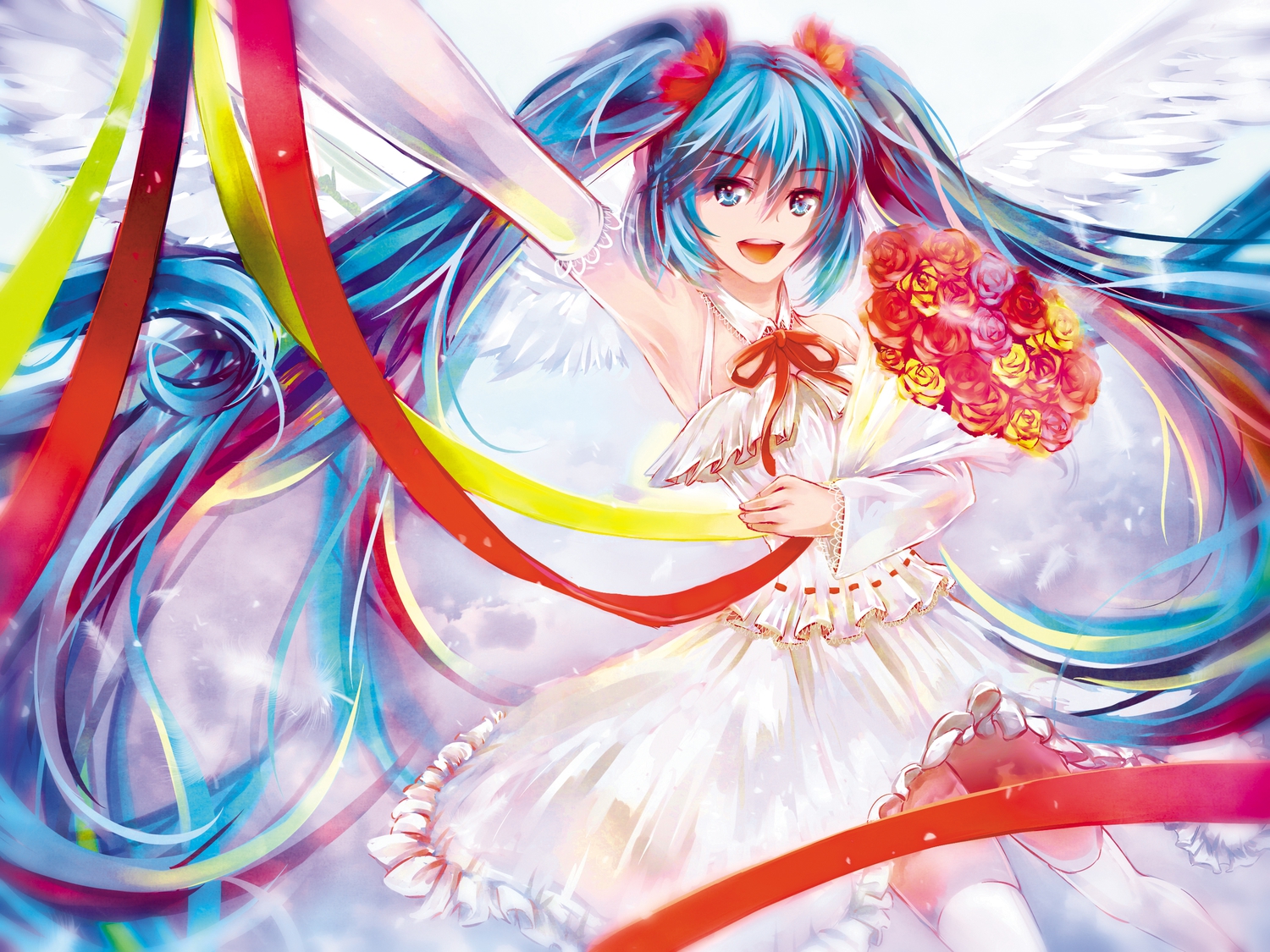aqua_eyes, aqua_hair, dress, feathers, flowers, hatsune_miku, long_hair, ranyun