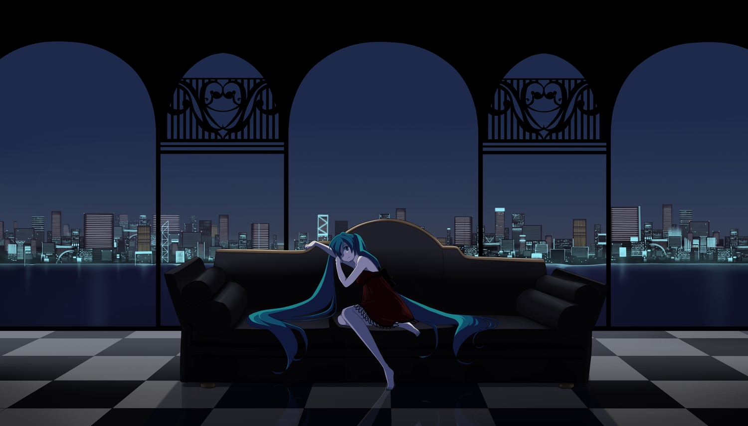 aira_(exp), barefoot, blue_eyes, blue_hair, city, hatsune_miku, long_hair, night, pajamas, twintails, vocaloid