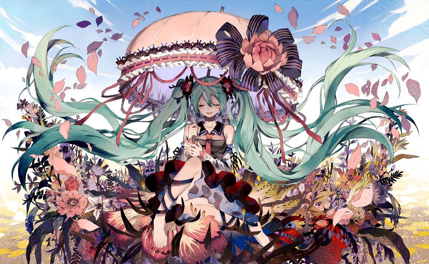 aqua_hair, barefoot, blush, dress, flowers, hatsune_miku, long_hair, petals