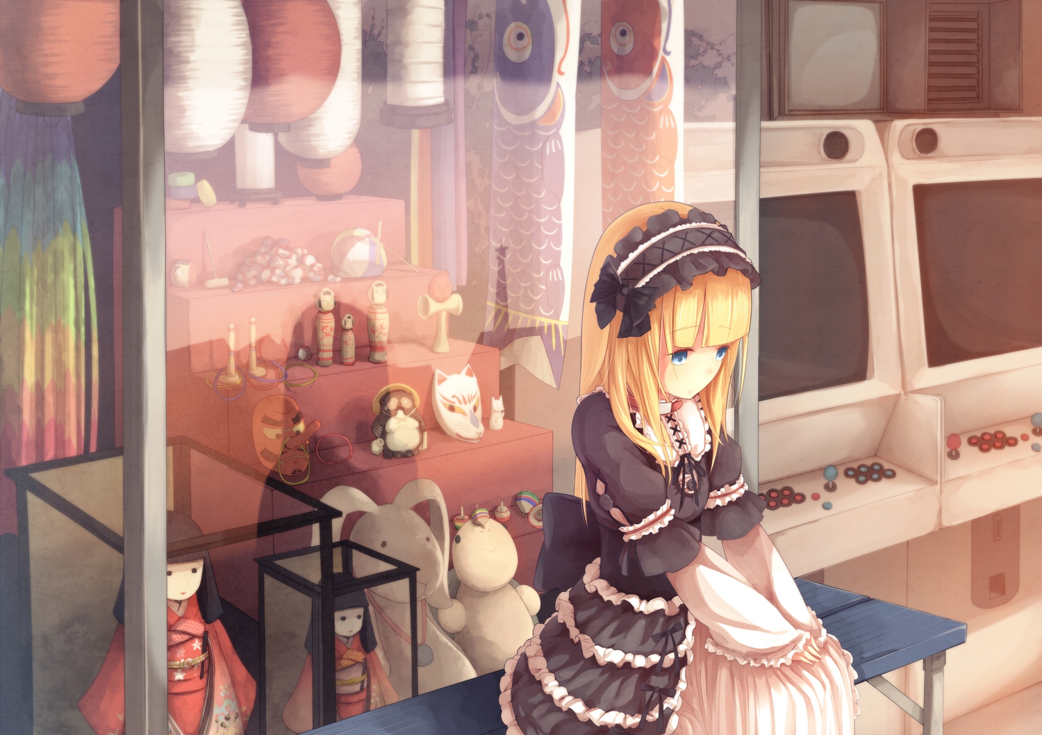 blonde_hair, blue_eyes, bow, dararito, doll, dress, game_console, goth-loli