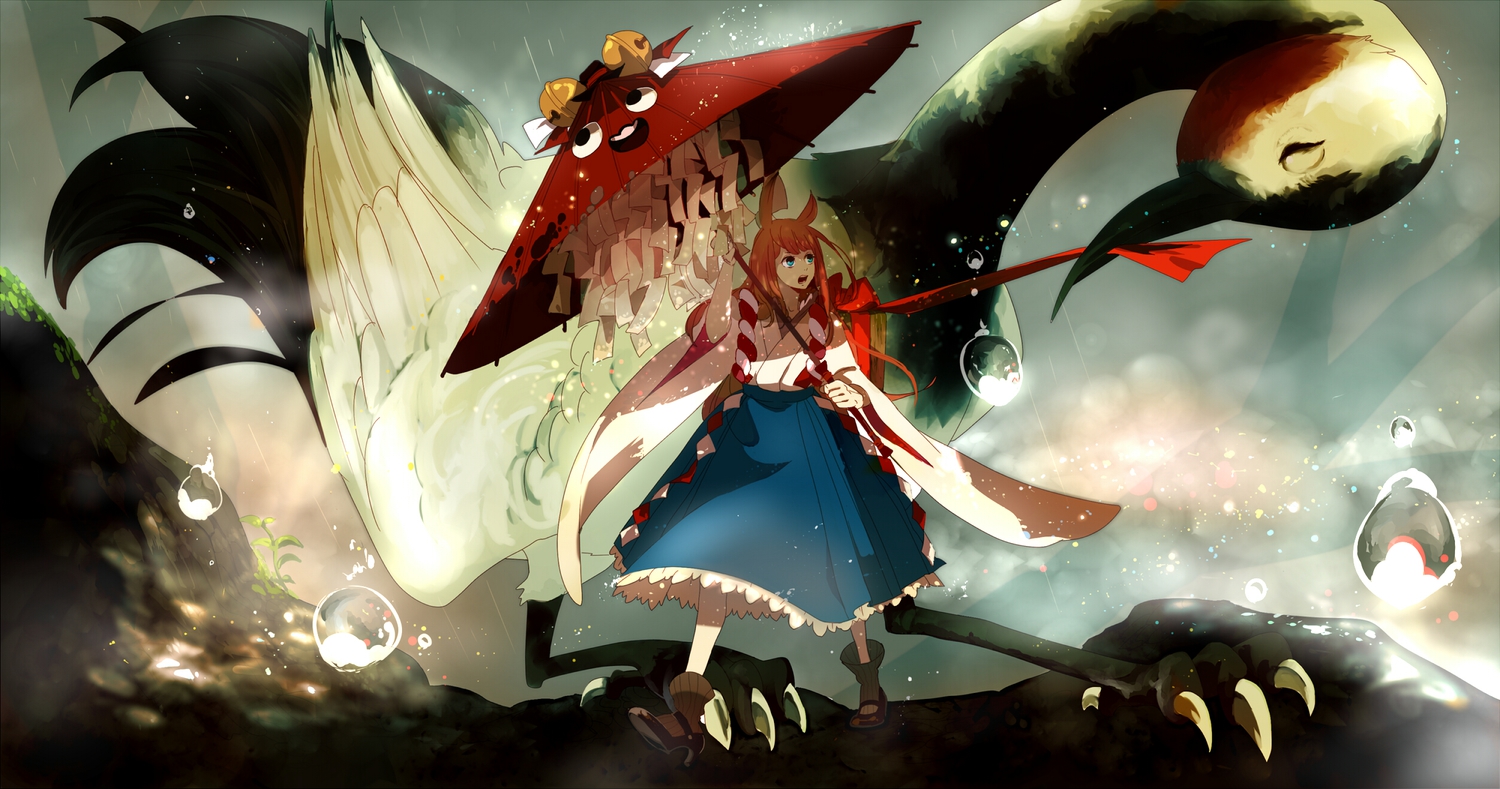 animal, animal_ears, bird, blue_eyes, japanese_clothes, kukka, miko, orange_hair