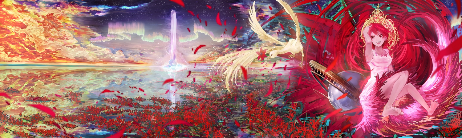 animal, barefoot, bird, clouds, dualscreen, kusakanmuri, original, petals