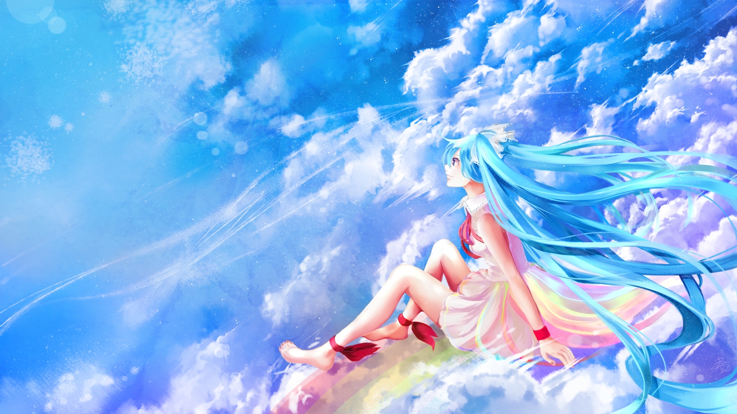 aqua_hair, barefoot, blue_eyes, clouds, dress, haruno_hotaru, hatsune_miku, long_hair, sky, twintails, vocaloid