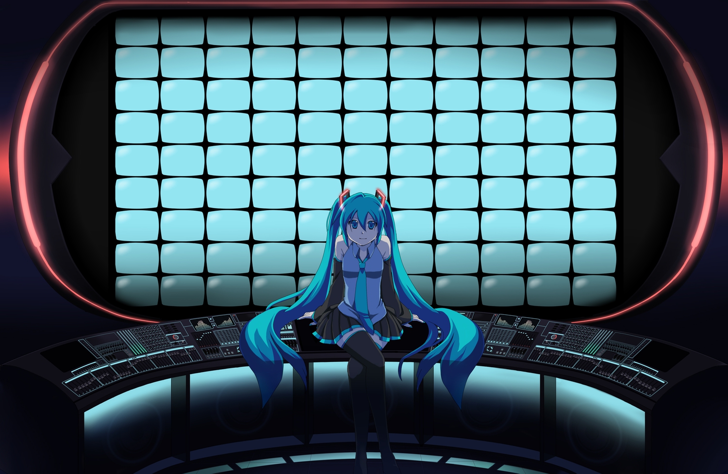 aira_(exp), aqua_eyes, aqua_hair, computer, hatsune_miku, long_hair, skirt, thighhighs, tie, twintails, vocaloid