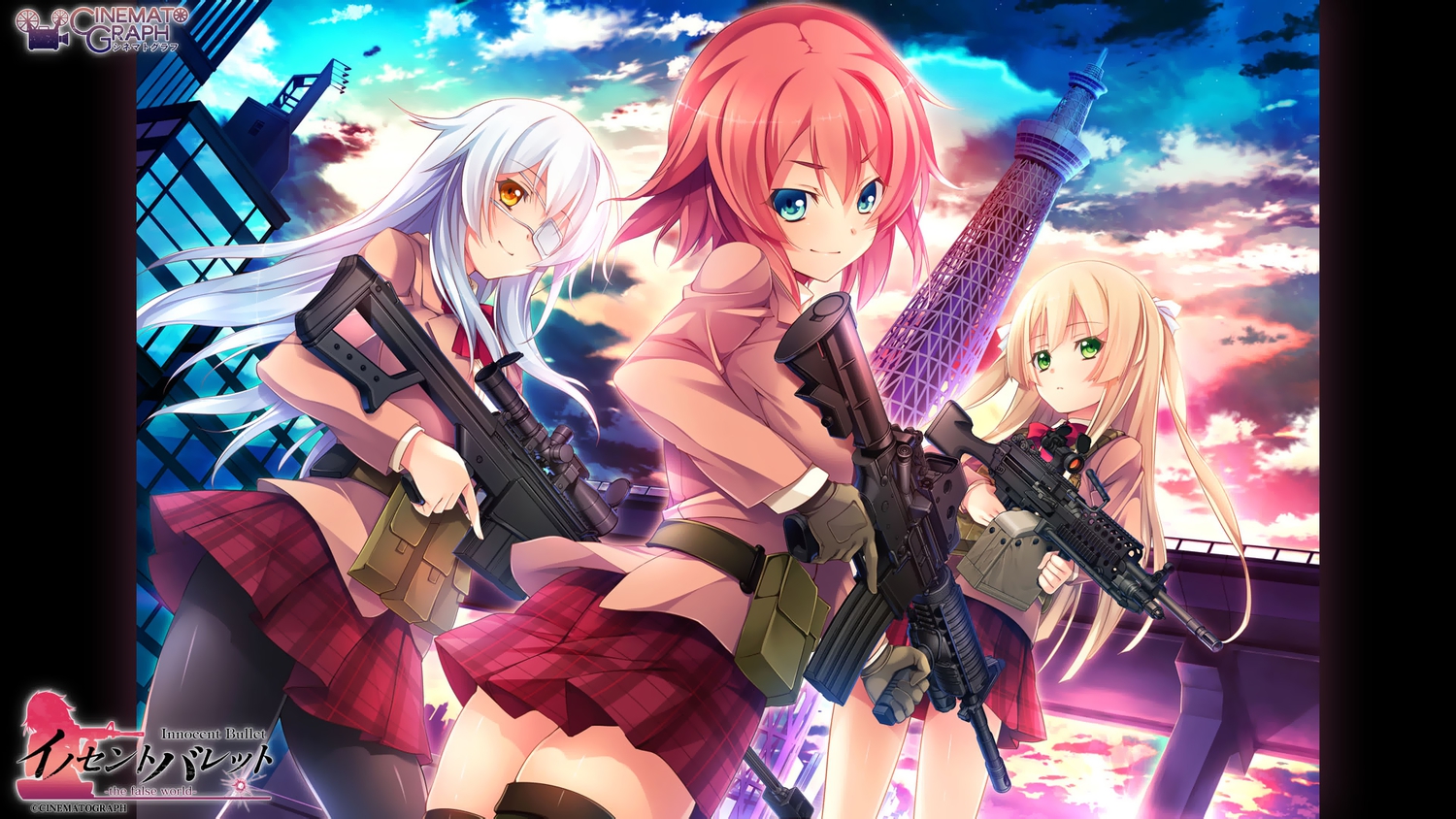 blonde_hair, blue_eyes, cinematograph, clouds, eyepatch, green_eyes, gun, innocent_bullet, kanzaki_sayaka, logo, long_hair, miyasu_sanae, oosaki_shinya, orange_hair, pantyhose, school_uniform, short_hair, skirt, weapon, white_hair, yasouji_ai, yellow_eyes