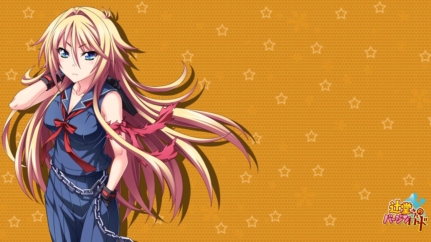 ai_tsujidou, blonde_hair, blue_eyes, chain, gloves, jpeg_artifacts, logo, long_hair
