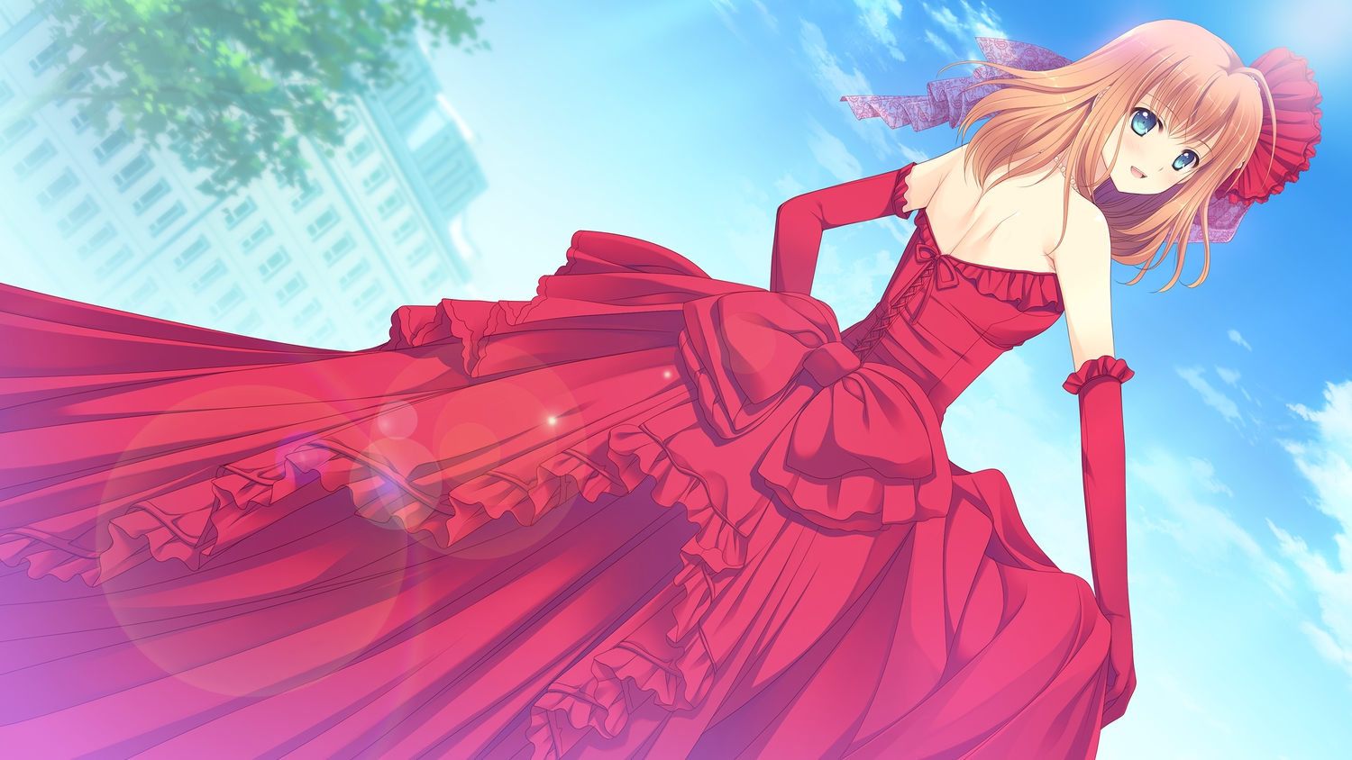 blue_eyes, bluette_nicolette_planquette, dress, elbow_gloves, game_cg, gloves, nishimata_aoi, orange_hair