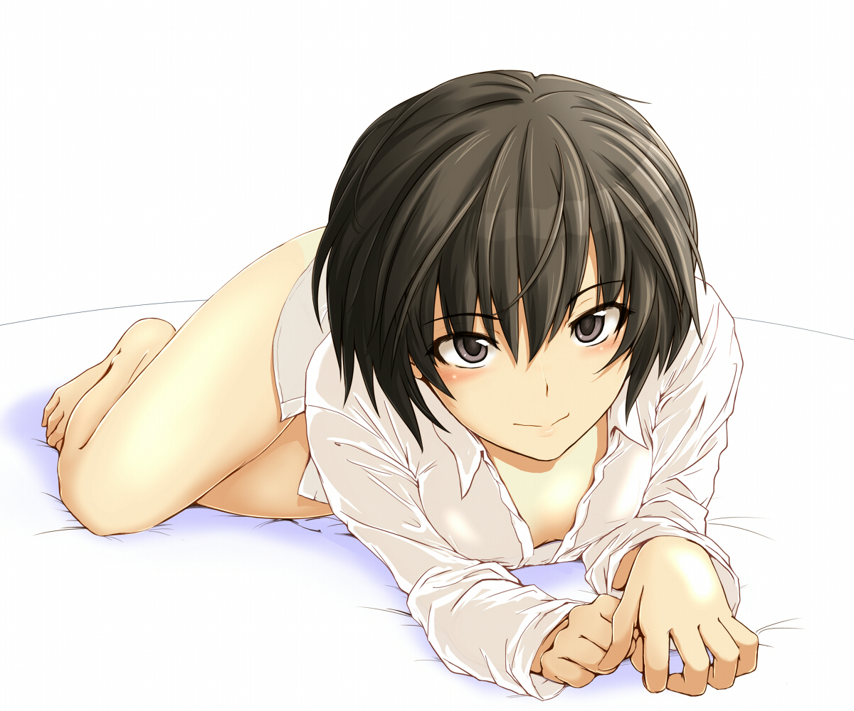 amagami, barefoot, black_eyes, black_hair, blush, breasts, cleavage, nanasaki_ai