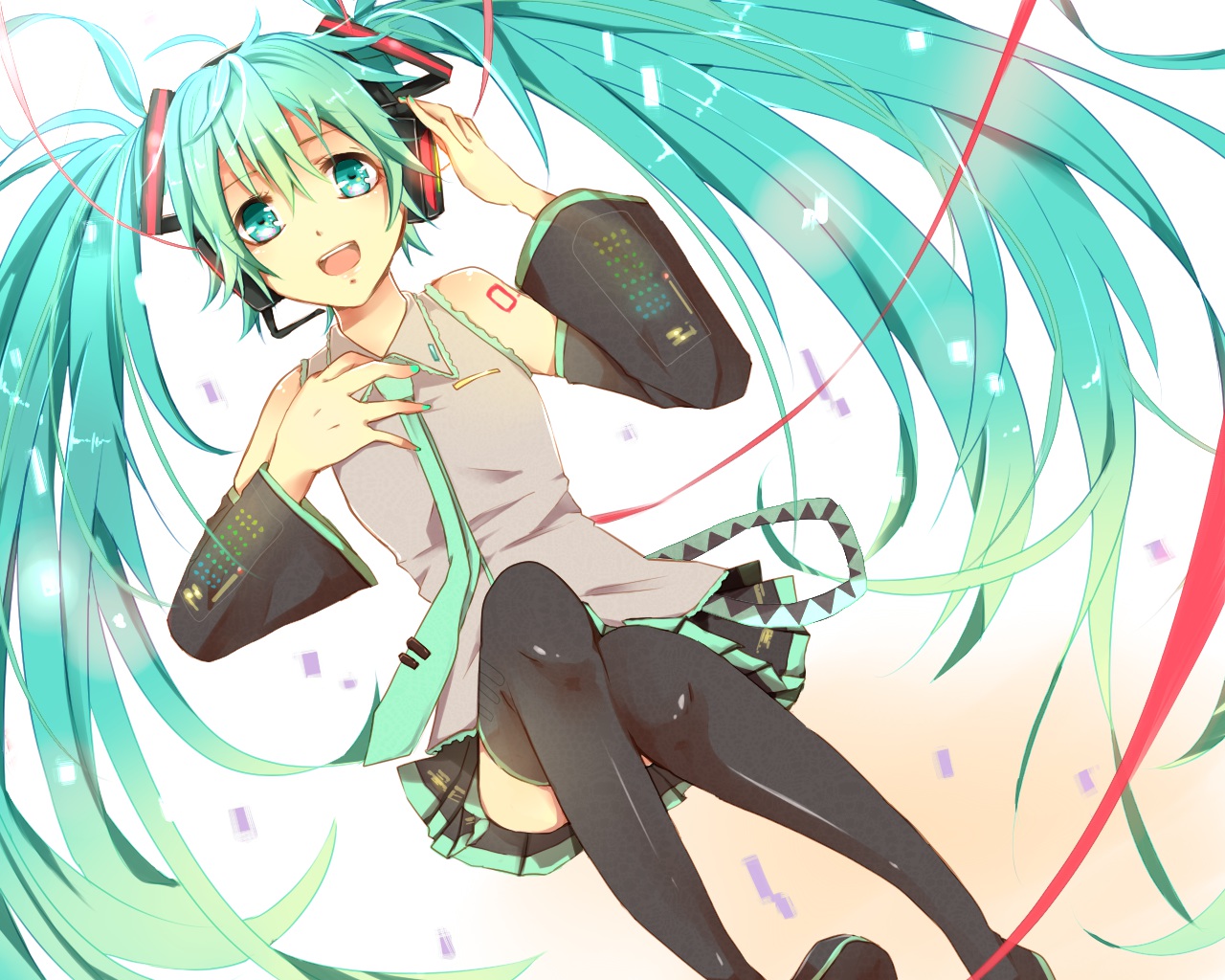 aqua_eyes, aqua_hair, hanadog, hatsune_miku, headphones, long_hair, skirt, tattoo, thighhighs, tie, twintails, vocaloid